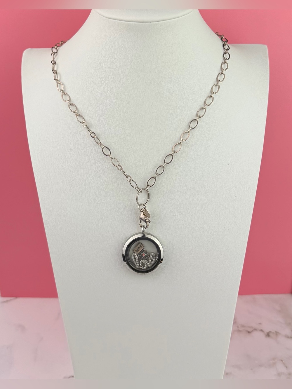 Origami Owl Long Silver Link Chain Living Locket with Love, Hope & Angel Charms